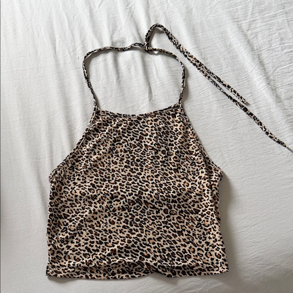 SHEIN Leopard Print Halter Crop Top in Beige and Black